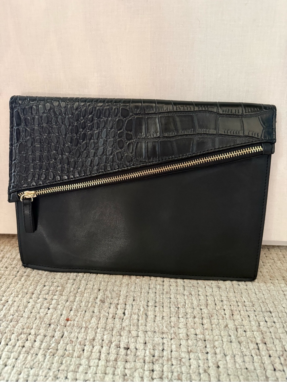 Faux Leather Croc Asymmetric Zip Envelope Clutch Bag